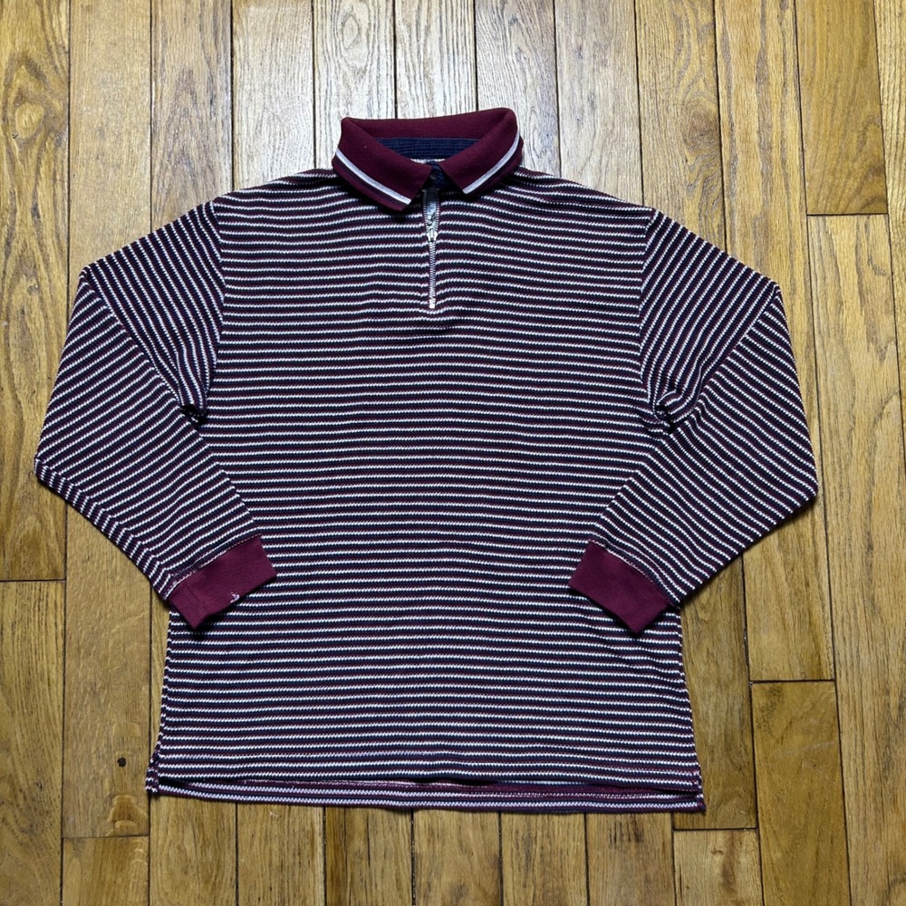Vintage Ki-ko-mo Striped Waffle Knit Quarter Zip Polo Shirt Mens Medium Burgundy